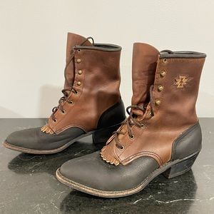 Women’s Abilene Leather Kiltie Lace Up Boots Western Cowgirl Fringe Two Tone